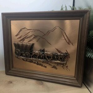 Vintage 1970s John Louw Covered Wagon Train Copper Print Framed Picture Wall...